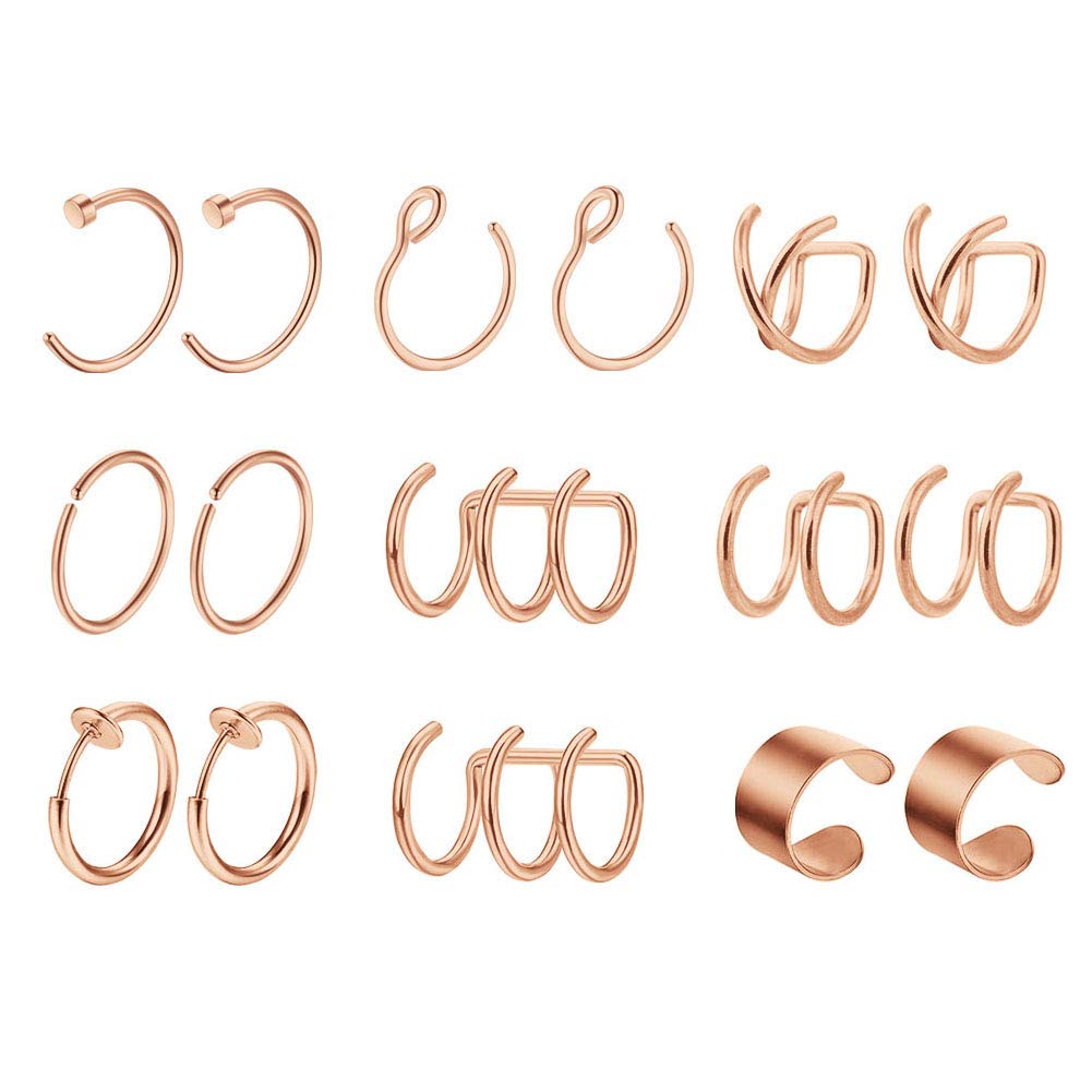 Mayhoop 8 Pairs Ear Cuff Fake Piercings Stainless Steel Rosegold Non-Piercing Fake Lip Nose Helix Cartilage Ring Hoop Cuff Earring Clip-on for Women Men No Pierced Body Jewelry