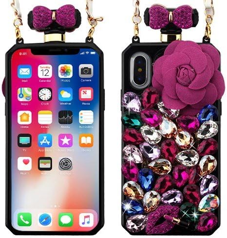 ShopAegis - [3D Crystal Rhinestone] [Hot Pink] Mini Crystals Bling Diamante Perfume Bottle Design Chain Protector Cover Phone Case for Apple iPhone X, XS