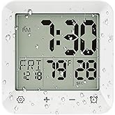 onannos Bathroom Clock Waterproof Shower Timer, Digital Wall Clock with Countdown, Touch Screen, LCD Display, Temperature, Suction Cup/Hanging Hole/Stand, Spa Sauna I White