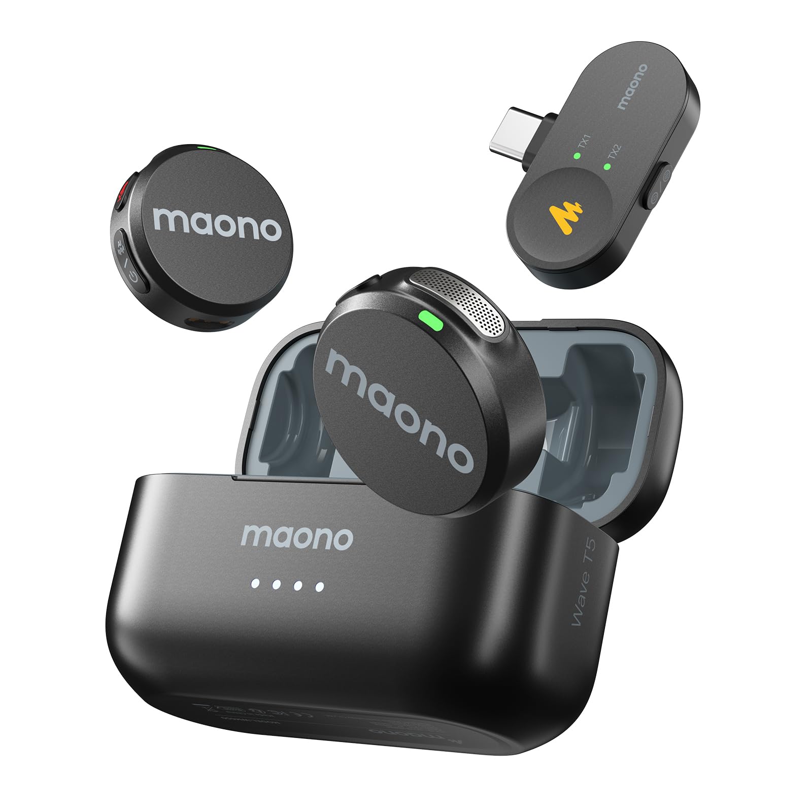 MAONO Wireless Lavalier Mikrofon für iphone 15/16, Android (USB-C Plug) - Handy Mikrofon mit 48kHz/24Bit, 30H Akkulaufzeit, 300m Reichweite, Noise Cancellation. Mini Aufnahme Mic für Vlogging -Wave T5