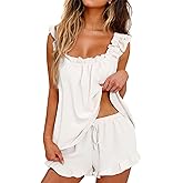 KFUBUO Womens Pajamas Set 2 Piece Ruffle Pj Soft Tank Top and Shorts Sleepwear Set Bridal Pajama for Women Set