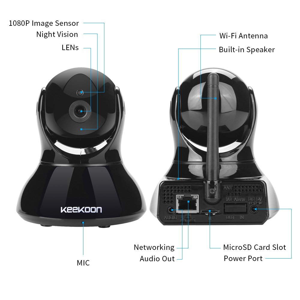 KEEKOON HD Wireless IP Camera Two-way Audio Night Vision 2.4GHz & 1080P for Pet Baby Monitor, Home Security Motion Detection with Micro SD Card Slot