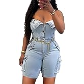 DINGANG Womens Sexy Denim Romper Strapless Tube Top Cargo Short Jean Jumpsuit Clubwear with Pockets