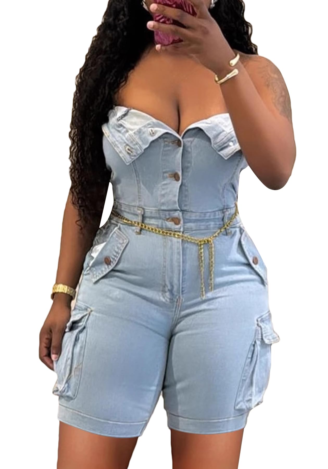 Photo 1 of DINGANG Womens Sexy Denim Romper Strapless Tube Top Cargo Short Jean Jumpsuit Clubwear with Pockets