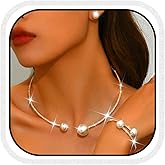 Unicra Pearl Bridal Wedding Jewelry Sets Silver Rhinestone Necklace Earrings Bracelet Set Prom Formal Costume Jewelry Set for Women and Brides