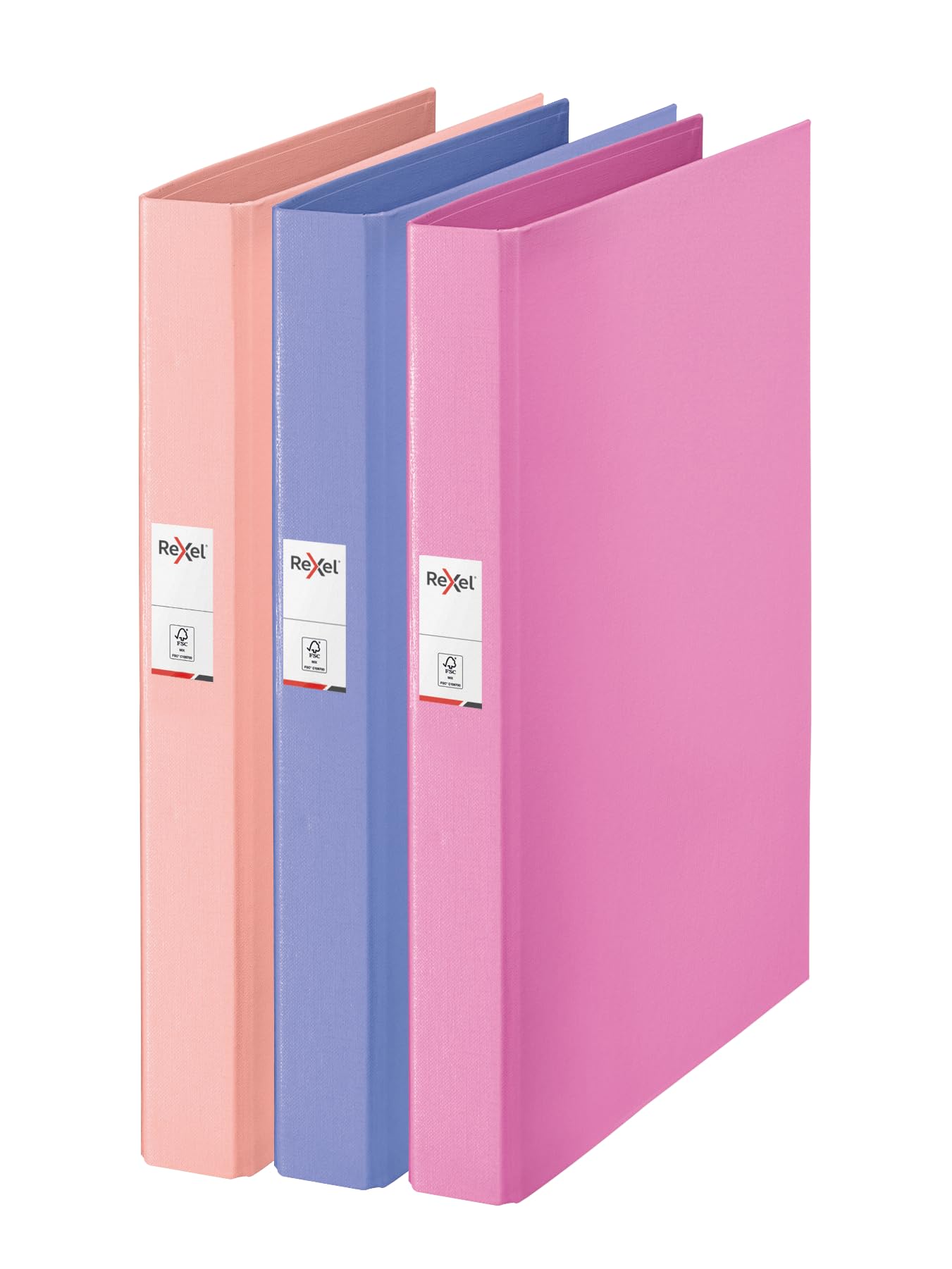 Rexel Solea A4 Ring Binder, 25 mm Spine 2 Ring, 190 Sheet Capacity, File Folder for Document Organisation at Home, School or Office, Pack of 3 (Blue, Pink, Peach), 2115731