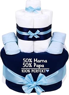 TrendMama Windeltorte blau-hellblau Junge-Babysocken + Babylätzchen handbedruckt -50% Mama, 50% Papa,100% Perfekt-
