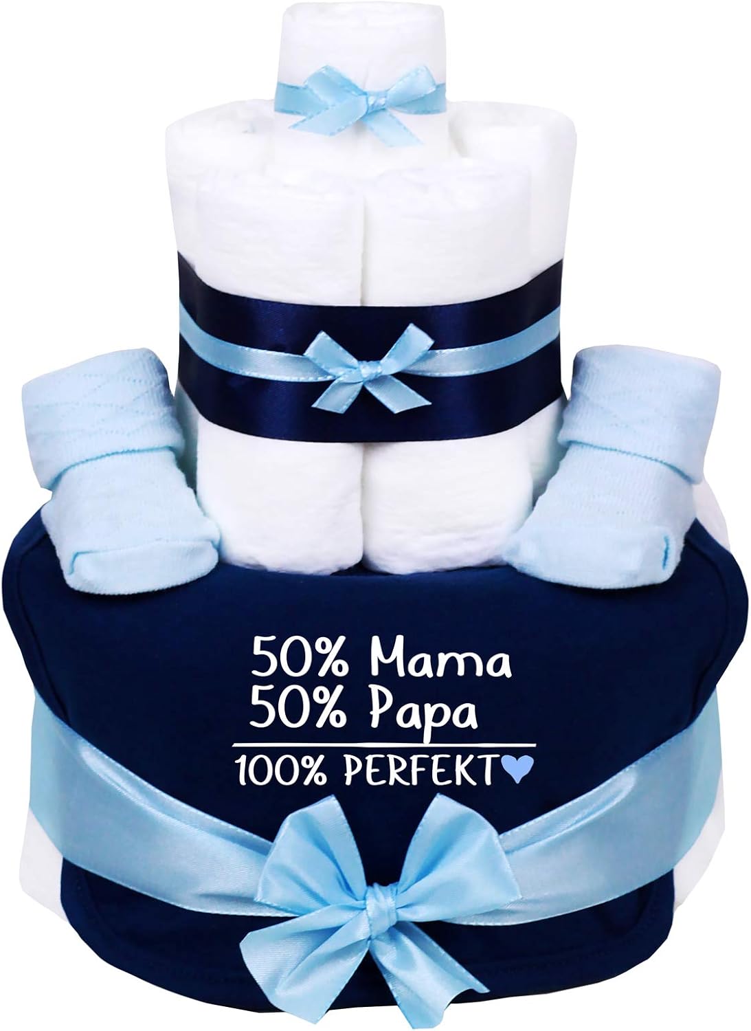 TrendMama Windeltorte blau-hellblau Junge-Babysocken + Babylätzchen handbedruckt -50% Mama, 50% Papa,100% Perfekt-