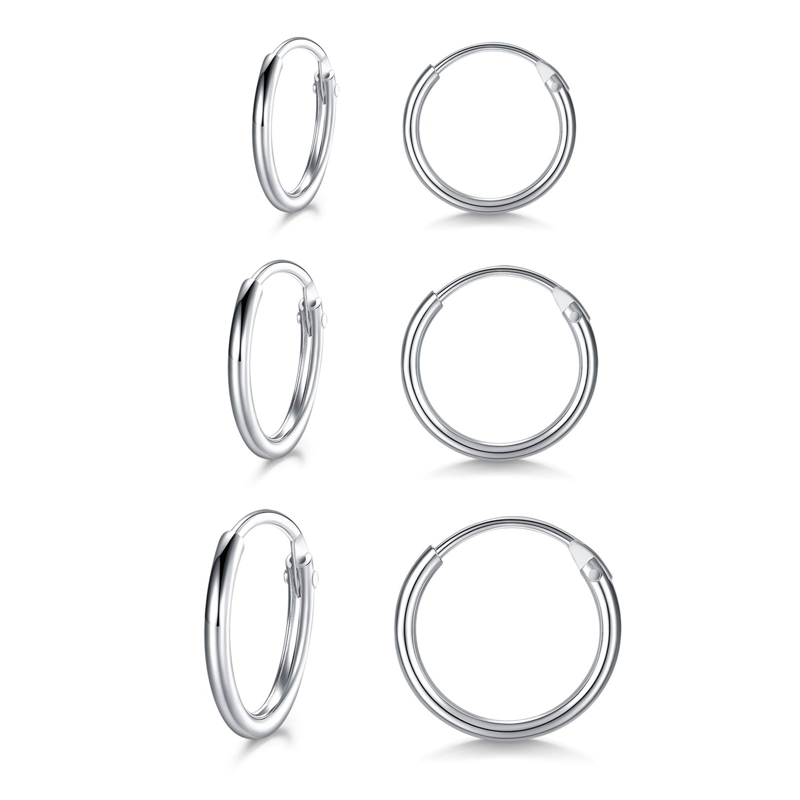 LYTOPTOP 3 Pairs Small Silver Hoop Earrings for Women S925 Sterling Silver Tiny Mini Hypoallergenic Earrings Set Cartilage Nose Lip Rings for Men Girls, 8/10/12mm