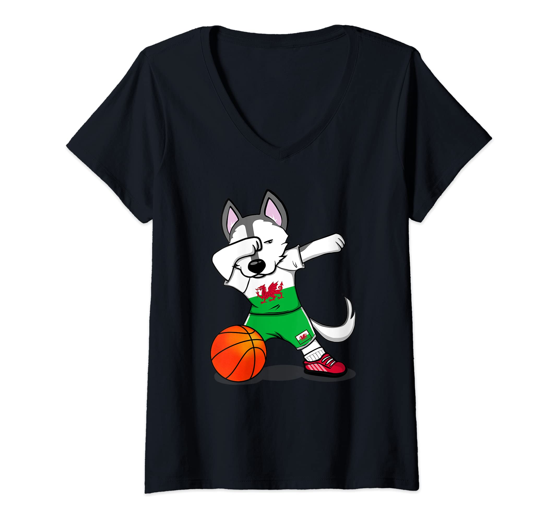 Womens Dabbing Husky Dog Wales Basketball Fans Jersey - Welsh Flag V-Neck T-Shirt