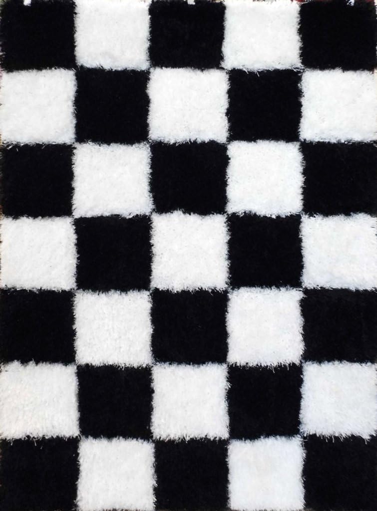 Rose Delux Checkered Black & White Designer Fluffy Furry Shag (5 Feet X 7 Feet)