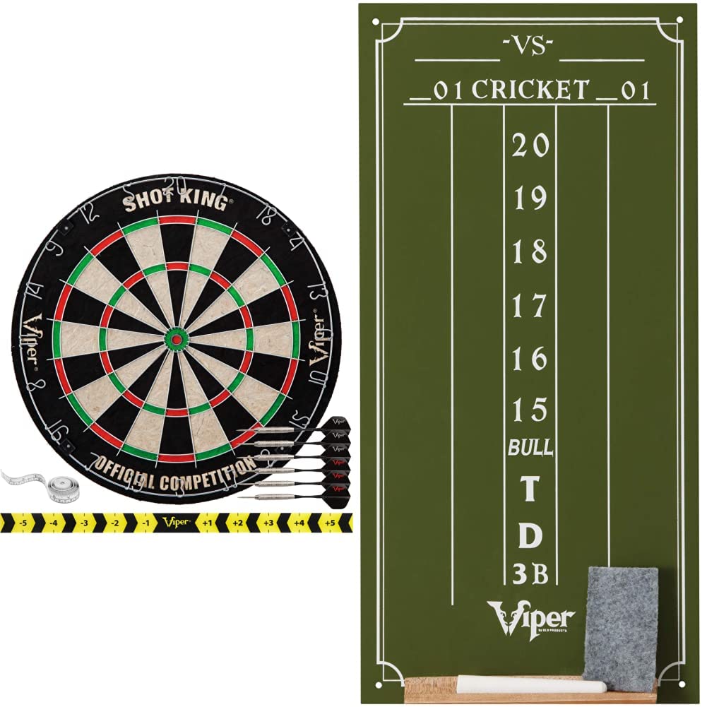 Viper by GLD Products Shot King Regulation Bristle Steel Tip Dartboard Set, 6 Darts Black & Cricket and 01 Dart Games, Green, 15.5" H x 8" W Image