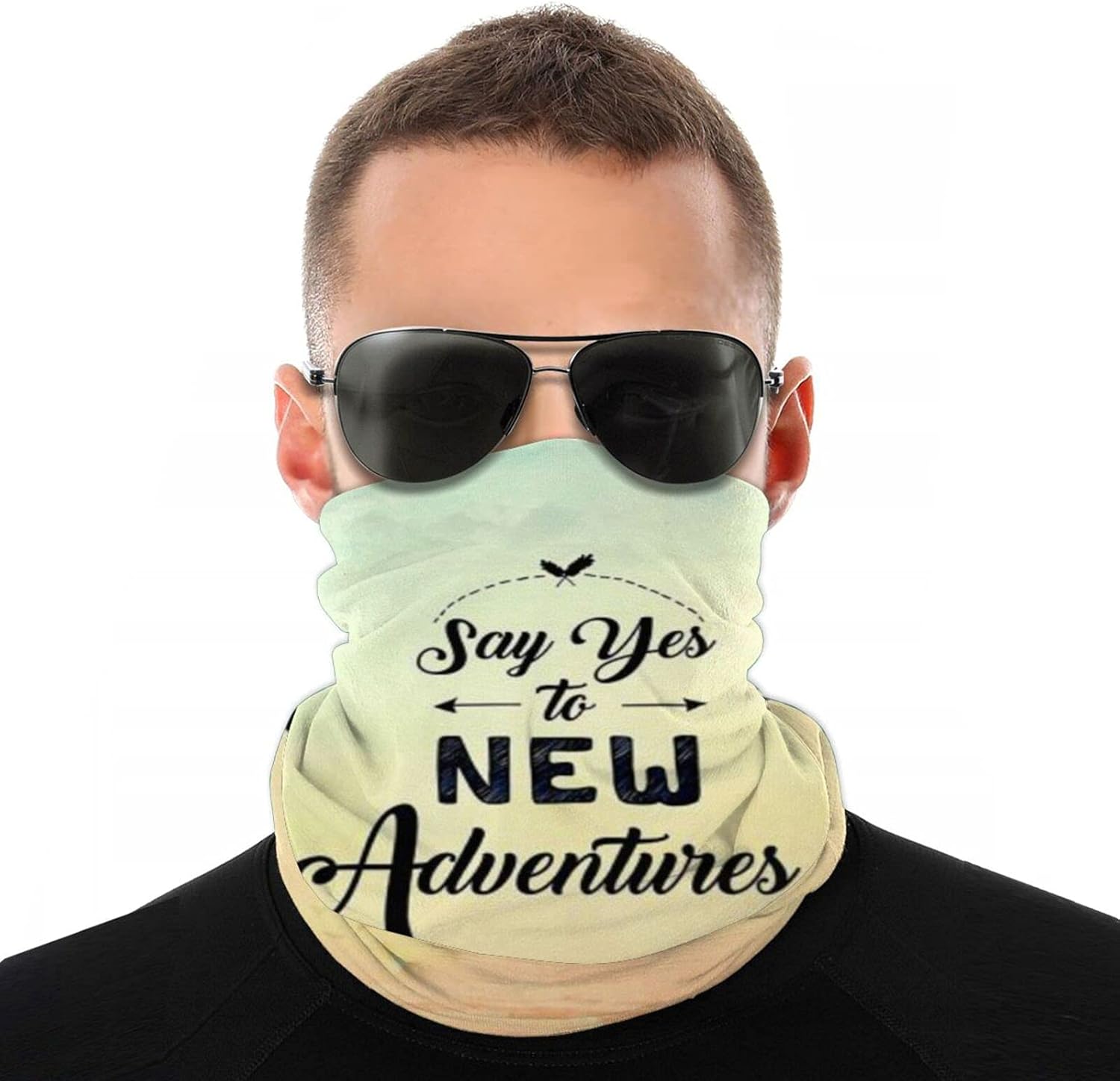 Fichas de máscara facial con texto en inglés "Say Yes to New Adventures