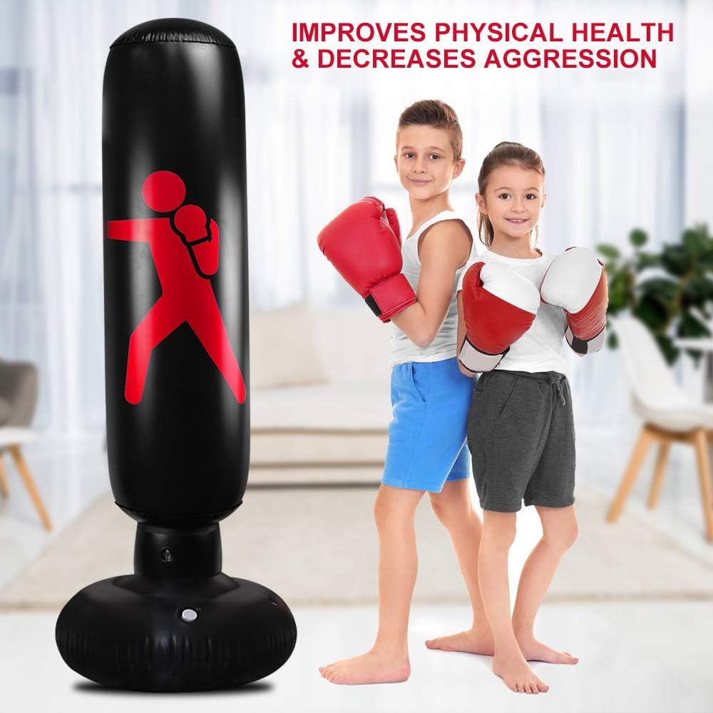 QIQU Kids Punching Bag-63inch Free Standing Punching Bag Humanoid Pattern Inflatable Boxing Toy Big Punching Bag for Kids (Black) : Sports & Outdoors