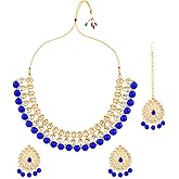 Efulgenz Kundan Necklace Indian Jewelry Kundan Crystal Faux Pearl Necklace Set Bollywood Wedding Choker Necklace Earrings Maang Tikka Bridal Set for Women