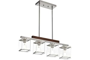 TODOLUZ 4-Lights Kitchen Island Lighting, Wood Frame Linear Pendant Light Fixtures with Rectangular Clear Glass, Modern Brushed Nickel Hanging Light for Dinning Room