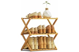 MoNiBloom Foldable Bamboo Shoe Organizer Rack, 3-Tier Shoes Shelf Storage Organize for 6-10 Pairs Installation-Free for Entryway, Hallway, Bedroom, Natural
