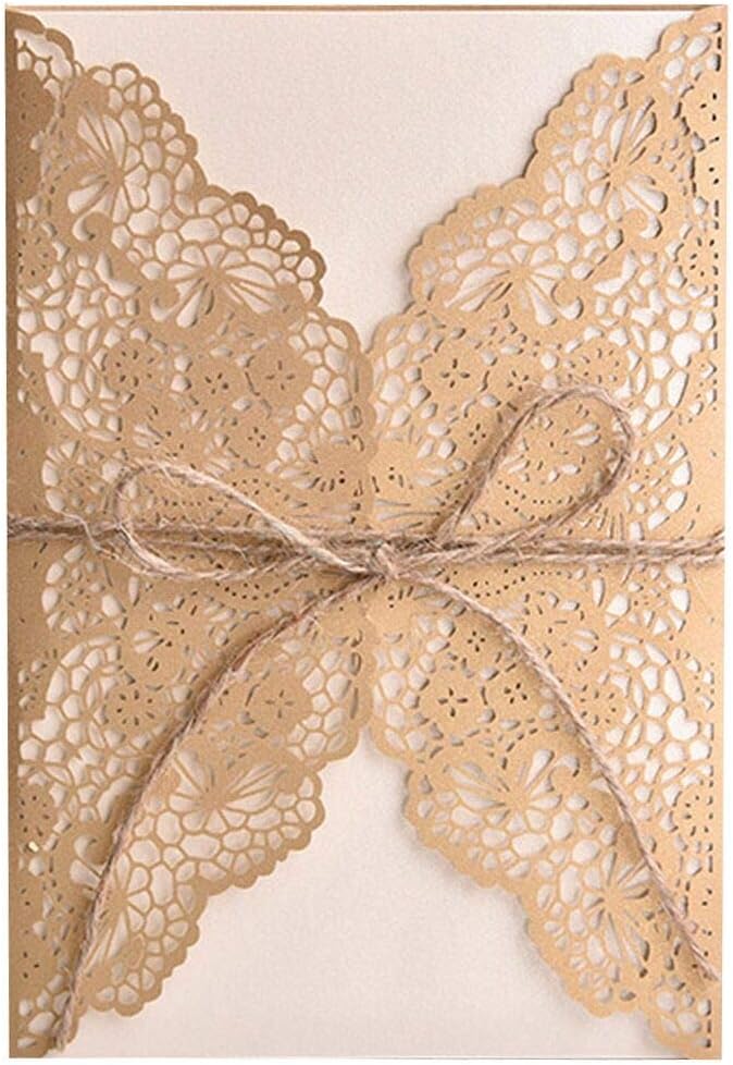Wedding Invitation Cards,20 Pack Retro Laser Cut with Blank Kraft Paper Inner Sheets,Envelope and Jute Twine Handmade Vintage Style Card for Birthday Christmas Anniversary Mother's Day Rose Gold - Image 5