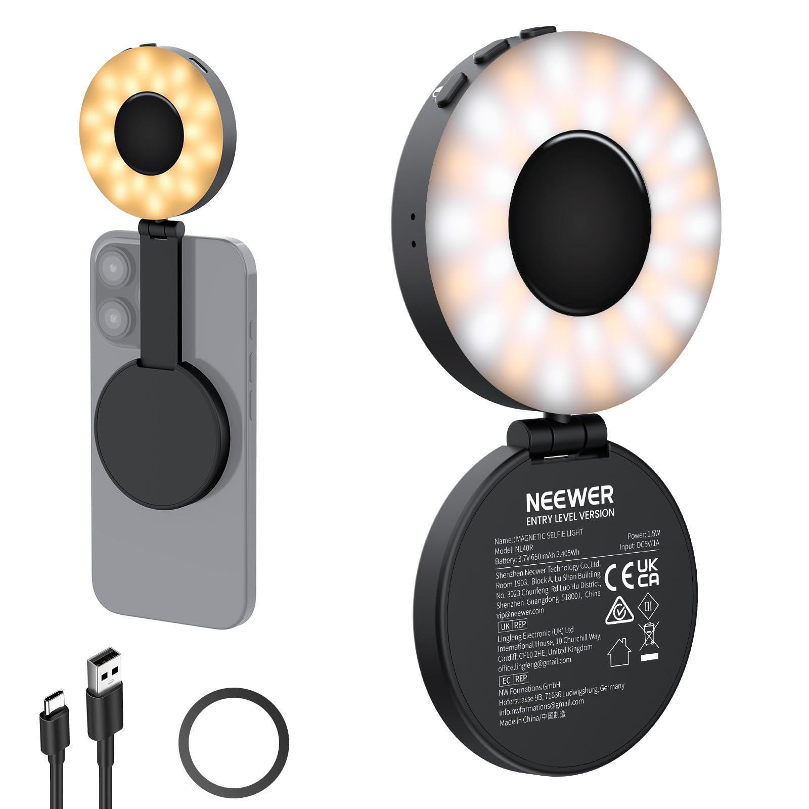 Photo 1 of NEEWER ENTRY LEVEL VERSION Magnetic Selfie Light Compatible with MagSafe iPhone, 4 Mode CRI95+ 914lx 1.5W Plastic Folding Small LED Phone Fill Ring Lighting for Recording Makeup Video Conference,NL40R