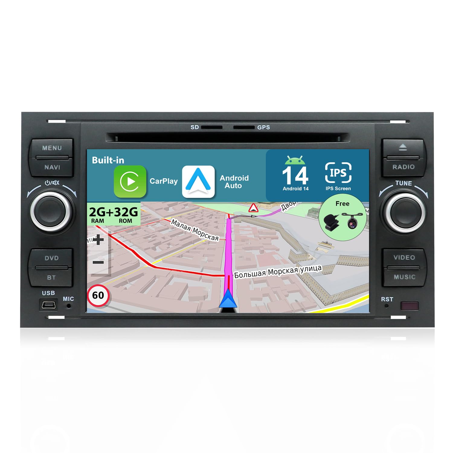 Android 9 Double Din Car Stereo For Ford C-Max/Connect/Fiesta/Focus/Fusion/Galaxy/Kuga S-Max/Transit/Mondeo Schwarz GPS Navigation Head unit |2G+32G 7 Inch| WIFI Google Bluetooth Backup Camera&Canbus