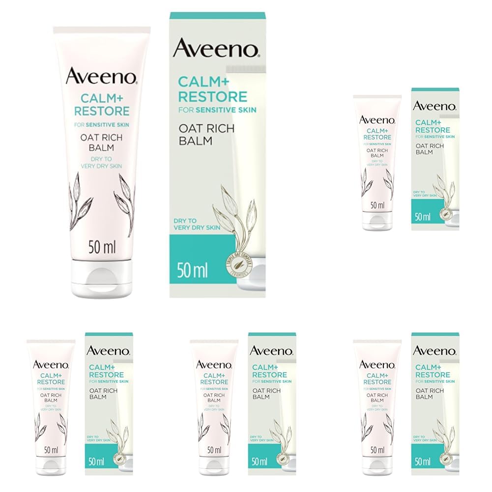 Aveeno Face CALM+RESTORE Oat Rich Balm, Deeply Moisturises, For Very Dry & Irritated Skin, With Soothing Triple Oat Complex & Ceramides, Unscented, 50ml (Pack of 5)