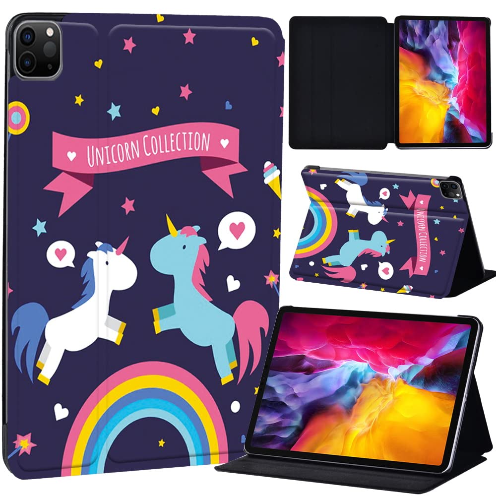 PU Leather + hard shell Ultra slim lightweight Folio Flip Tablet Stand Smart Cover Case Fit iPad Air 4 10.9" (2020) / iPad Pro 11" (2018 2020 2021) (unicorn and rainbow)