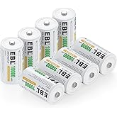 EBL Pack of 8 10000mAh Ni-MH D Cells Rechargeable Batteries, Battery Case Included