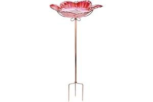 DREAM GARDEN Outdoor Bird Bath Glass Birdbath Garden Birdfeeder with Metal Stake Red