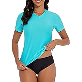 Lecieldusoir Women's V-Neck Short Sleeve Rash Guard Shirts UV Protection Swim Shirts UPF 50+ Lightweight Swimwear
