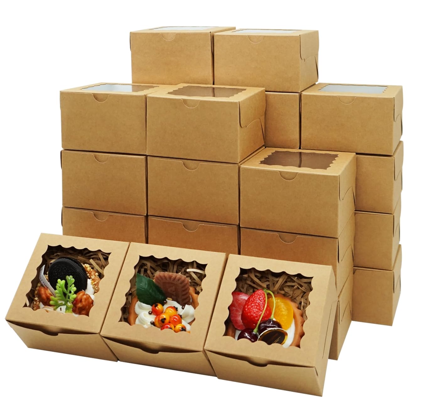 Photo 1 of XINHPKGG 100pcs Cookie Boxes 4x4x2.5 Inch Bakery Boxes with Window Treat Box Dessert Box for Wedding Favors Party - Brown