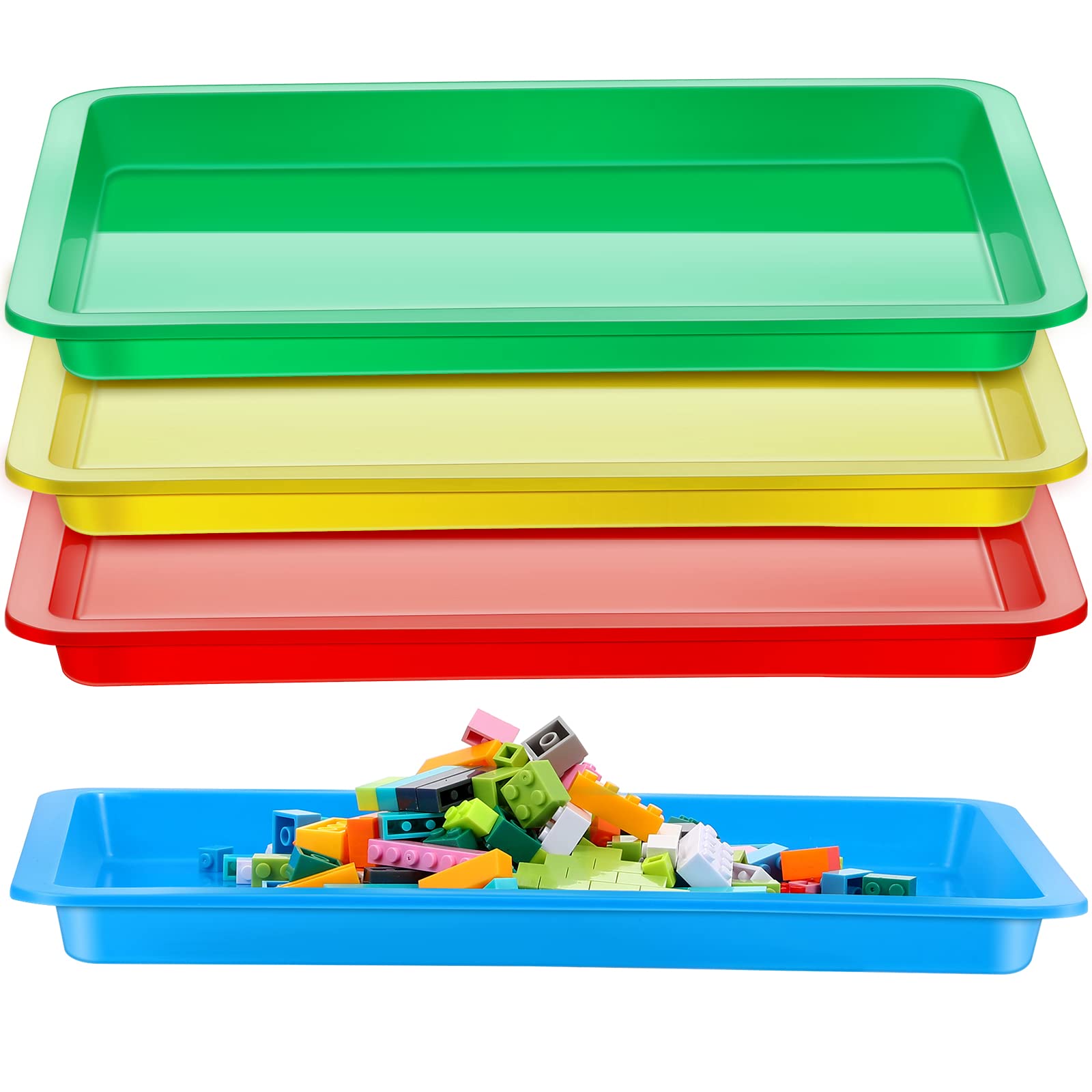Photo 1 of 4 Pack Plastic Art Trays 4 Colors Stackable Activity Crafts Classroom Sand Trays 13.4 x 9.8 Inch Sensory Paint Organizer for DIY Beads Kids Toys Jewelry Painting Projects Home School