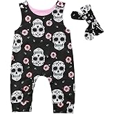 Muasaaluxi Newborn Baby Girls Boys Skull Floral Romper Jumpsuit Sleeveless Bodysuit Playsuit Headband Halloween Outfit