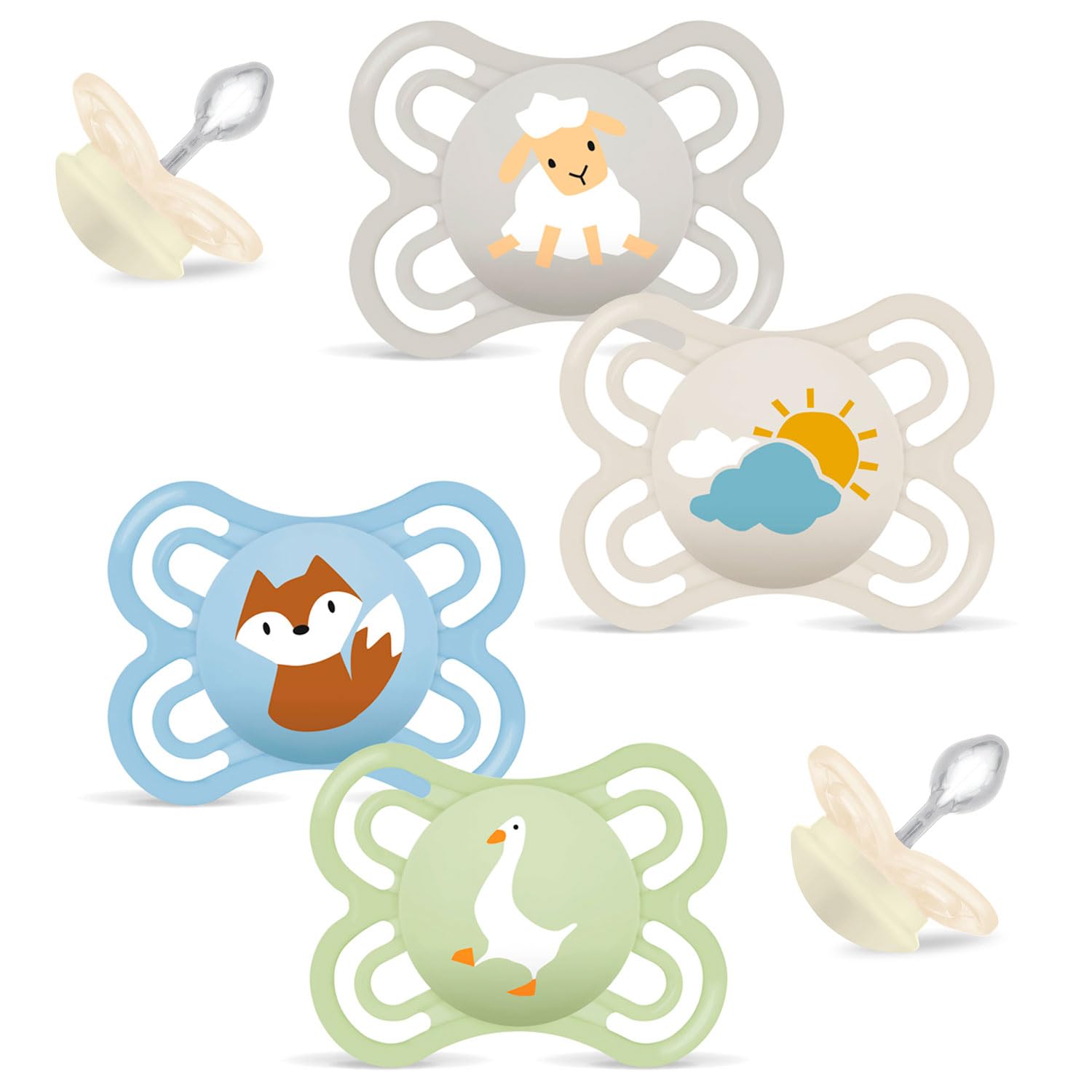 MAM Skin Soft Silicone Dummies 0-6 months Boys 4 pieces, 2 travel boxes