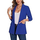 LADI TREND Women's Blazer for Business Casual 3/4 Ruched Sleeve Open Front Jackets Notch Lapel Blazers Pocket