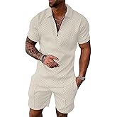 Mens 2 Piece Zip Tracksuit Polo Shirt and Shorts Sets Short Sleeve Summer Casual Outfit