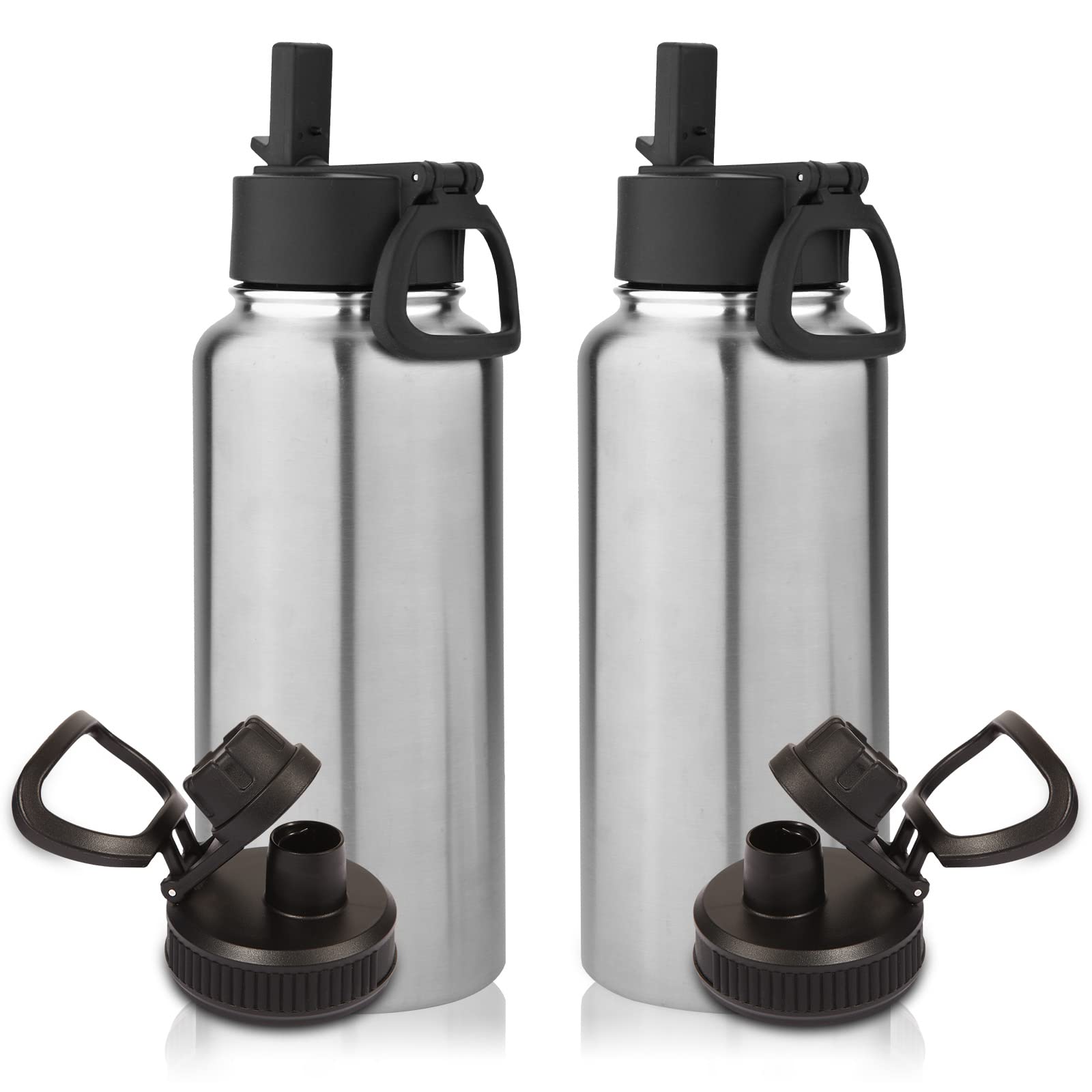 Volhoply 1 Litre Water Bottles Bulk 2 Pack with Straw Lid & Spout Lid,Insulated Sports Water Bottle,Double Wall Vacuum Stainless Steel Tumbler,Leak Proof Wide Mouth Metal Flask for Travel(Silver,2)