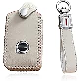 SANRILY Leather Key Fob Cover for Volvo XC90 2018 2019 2021 XC60 S90 V90 Key Fob Shell Keyless Full Protection Smart Key Case with Keychain Beige