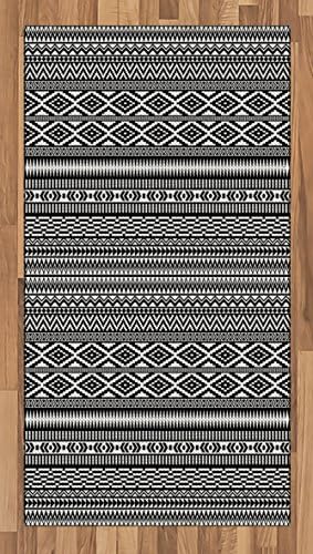 Ambesonne Afghan Area Rug, Traditional Monochrome Herringbone Zigzag Stripes and Rhombuses Tribal Design, Flat Woven Accent Rug for Living Room Bedroom Dining Room, 2.6' x 5', White Black