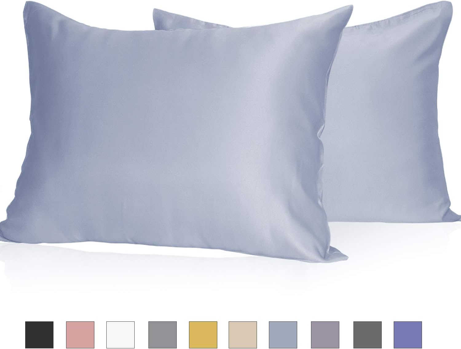 Muama 2 Pack Silky Satin Pillowcases for Hair and Skin, Cool, Soft and Breathable Envelope Closure Pillow Cases Cover【Standard（20x26 Light Blue】