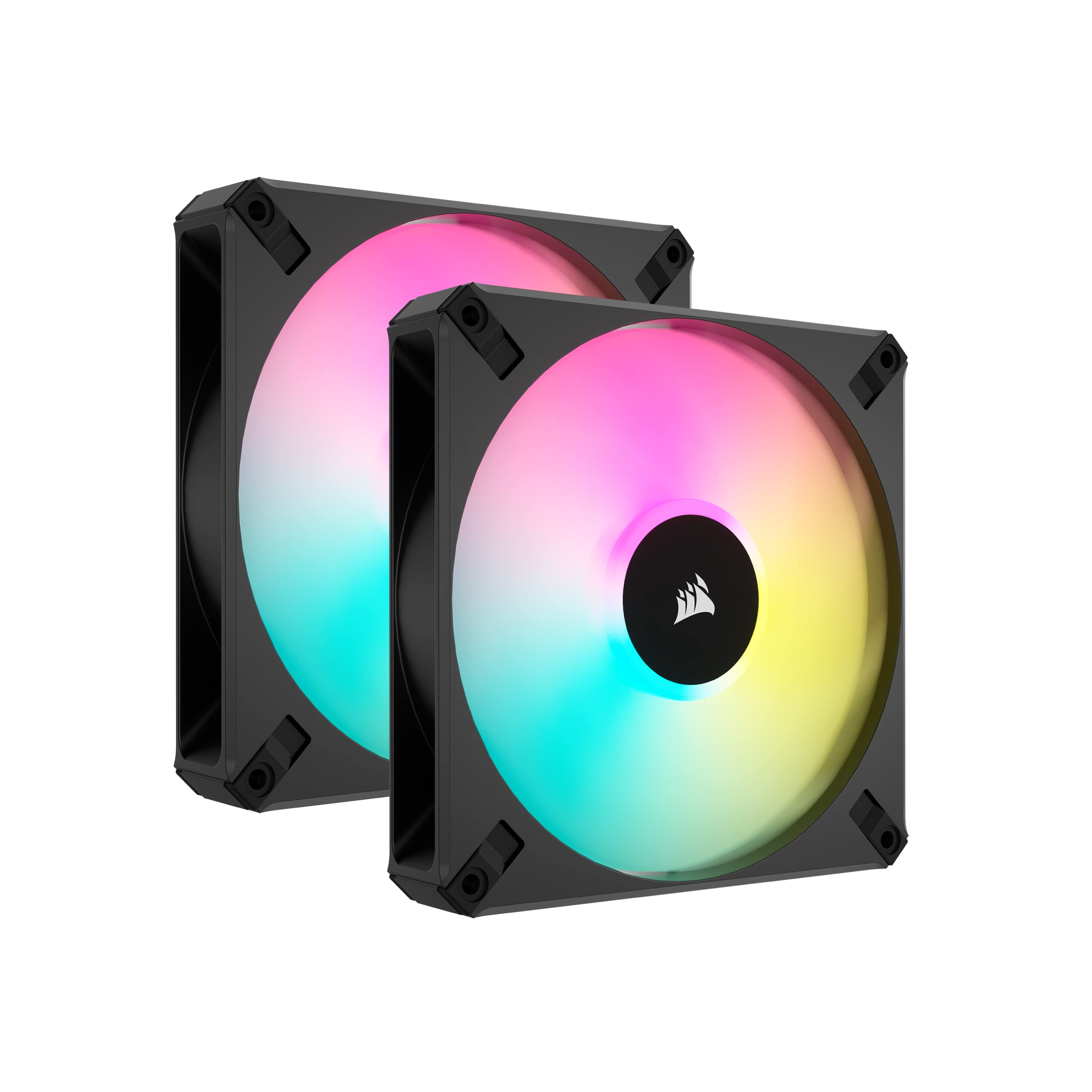 Corsair iCUE AF140 RGB ELITE 140mm PWM Dual Fan Kit - Eight RGB LEDs Per Fan - AirGuide Technology - Fluid Dynamic Bearing - Zero RPM Fan Mode - Included iCUE Lighting Node CORE Controller - Black