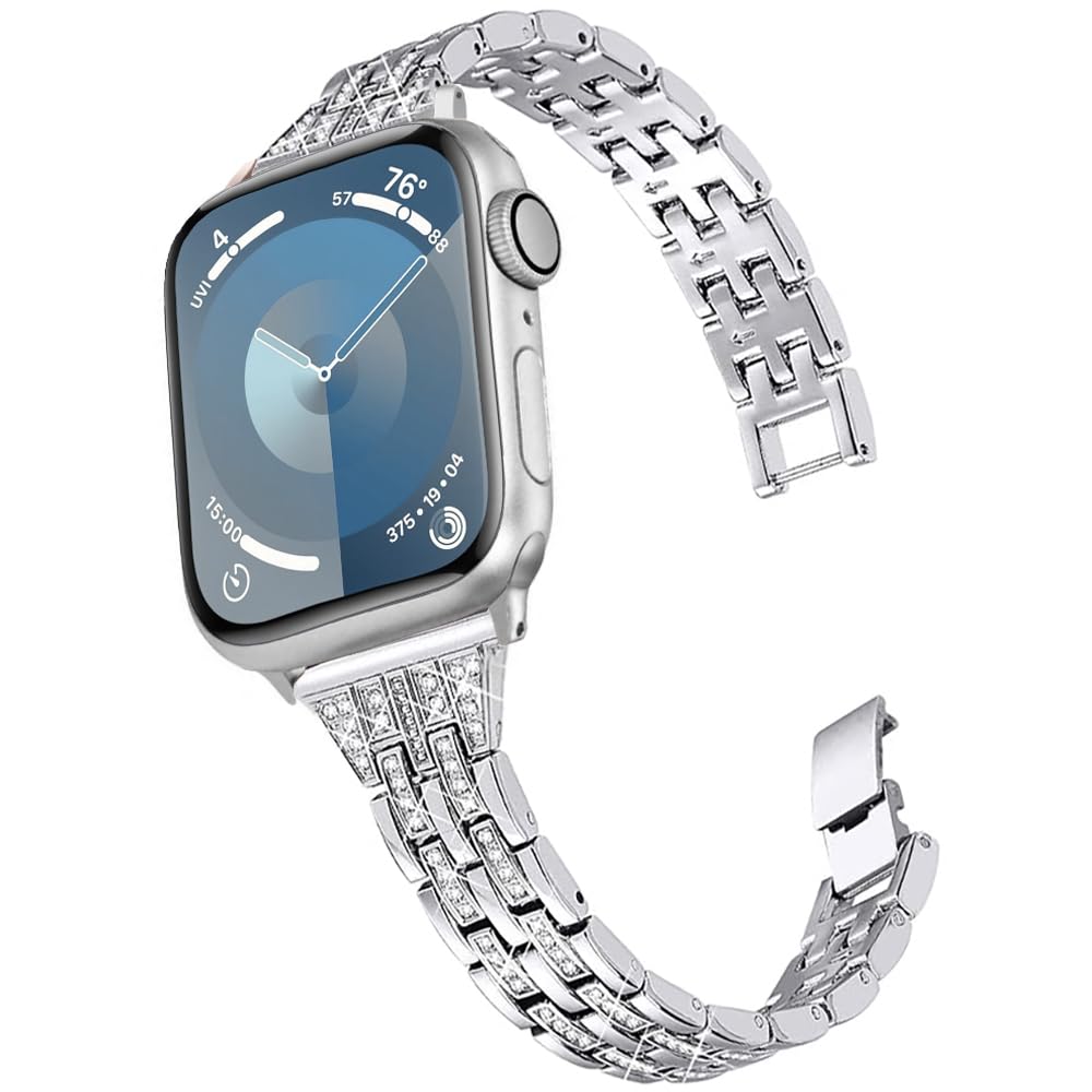 DEALELE Strap Compatible with iWatch 38mm 40mm 41mm, Luxury Diamond Rhinetone Metal Replacement Bracelet for Apple Watch Series 9/8 / 7/6 / 5/4 / 3 / SE Women Men (Silver)