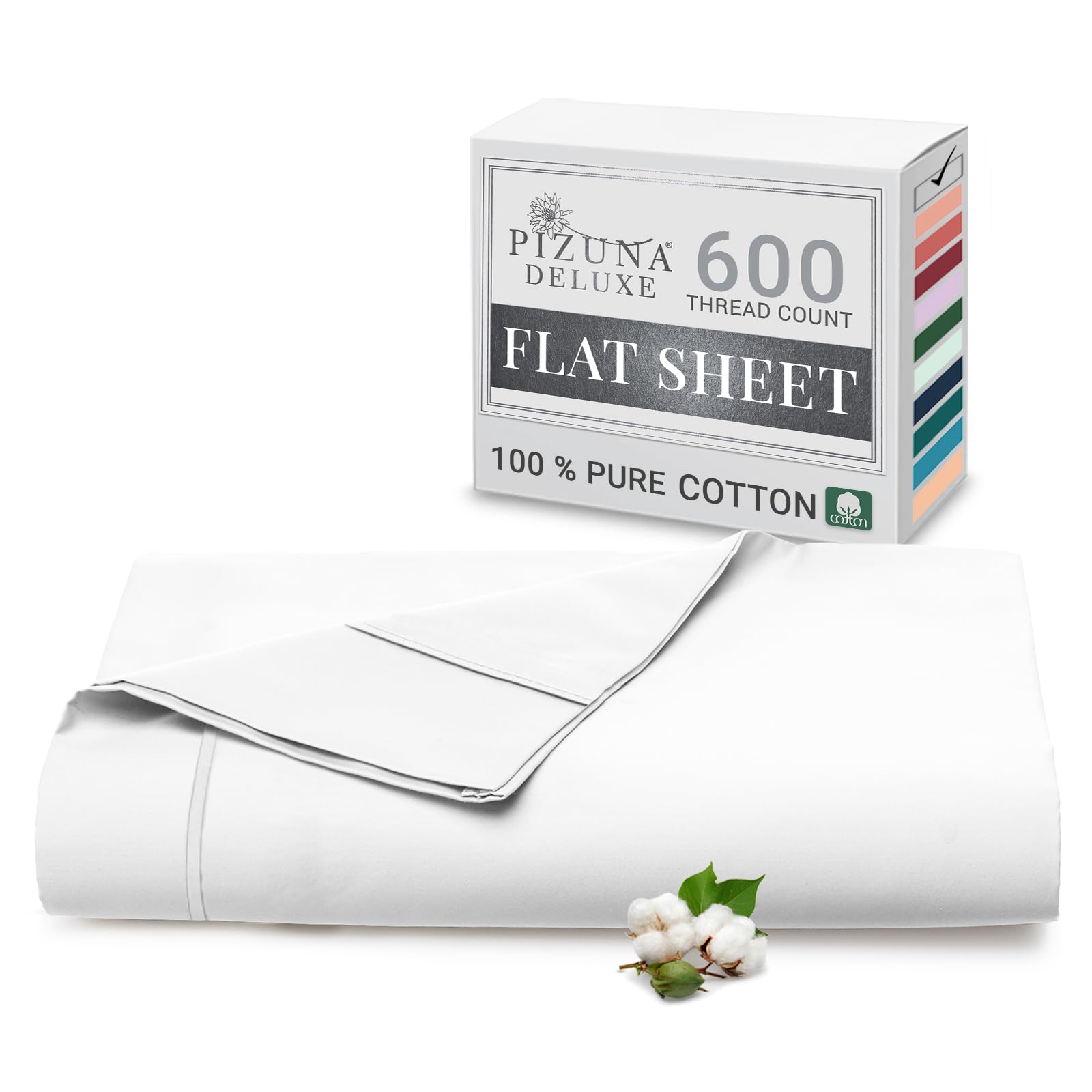 Pizuna Pure Combed Cotton Double Flat Sheet White, 600 Thread Count Long Staple Brushed Cotton Flat Sheets Double, Cool Sateen Weave Flat Sheet Double Bed (Cotton Flat Sheet Double 1 PC) — image 1