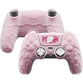 PlayVital for PS5 Controller Cover Skin - Cute Ocean Whisper Series Semi-Clear Silicone Case for PS5 Controller with Thumb Grip & Sticker, Charging Station Compatible, Full Protection - Peach Pink