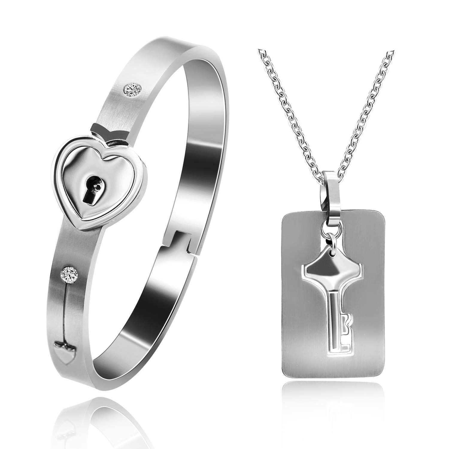 Uloveido His and Hers Matching Set Couple Titanium Only You Have My Key Bangle Bracelet Lock and Key Necklace Set for Girlfriend and Boyfriend SN300 — image 1