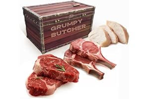 DEN'S HOT DOGS Grumpy Butcher Box Meat Food Gifts: 2 Top Sirloins Steaks (6 oz), 2 Duroc Bone in Pork Chops (14 oz) & 2 Large Fully-Cooked Chicken Breasts (14 oz each)