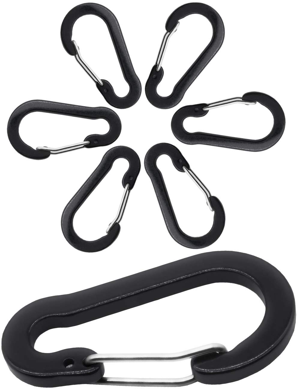 Outdoor Saxx® - 6 x Aluminium Carabiners, Clip Carabiners, Spring Carabiner, Belt, Tent, Canoe, Paracord, Key Pendant, 5 cm, Pack of 6, Black