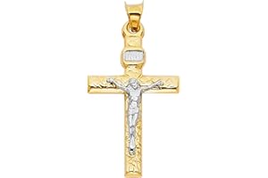 TOP GOLD & DIAMOND JEWELRY 14K Two Tone Gold Crucifix Cross Charm Pendant - Jesus Engraved Cross Pendant with Detailed Finish - Christian Fine Jewelry - Suitable for Men & Women for All Occasions