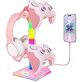 VCOM RGB Gaming Headphones Stand with 2 USB Ports, Pink Headset Stand with 10 Light Modes and Non-Slip Rubber, Suitable for PC Desk Accessories Gamers Gift(Pink)