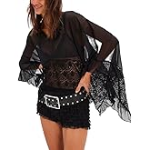 Lordree Women Ruffle Flowy Blouse Flare Sleeve Sheer Mesh Shirt Chiffon Frill Trim Layered Long Sleeve Tops Streetwear