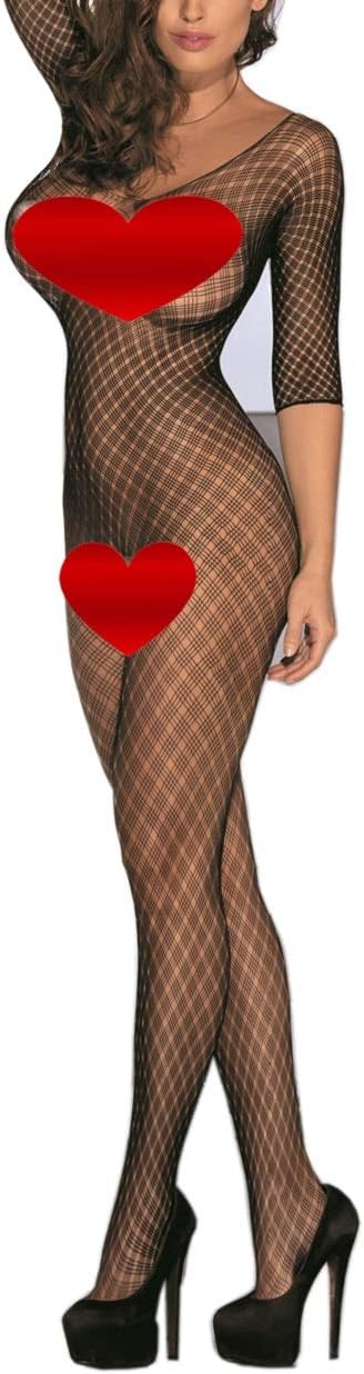 Sexy Lace See Through Hosiery Elastic Halter Fishnet Bodystocking, Open Crotch Bodysuits Lingerie (163Black)